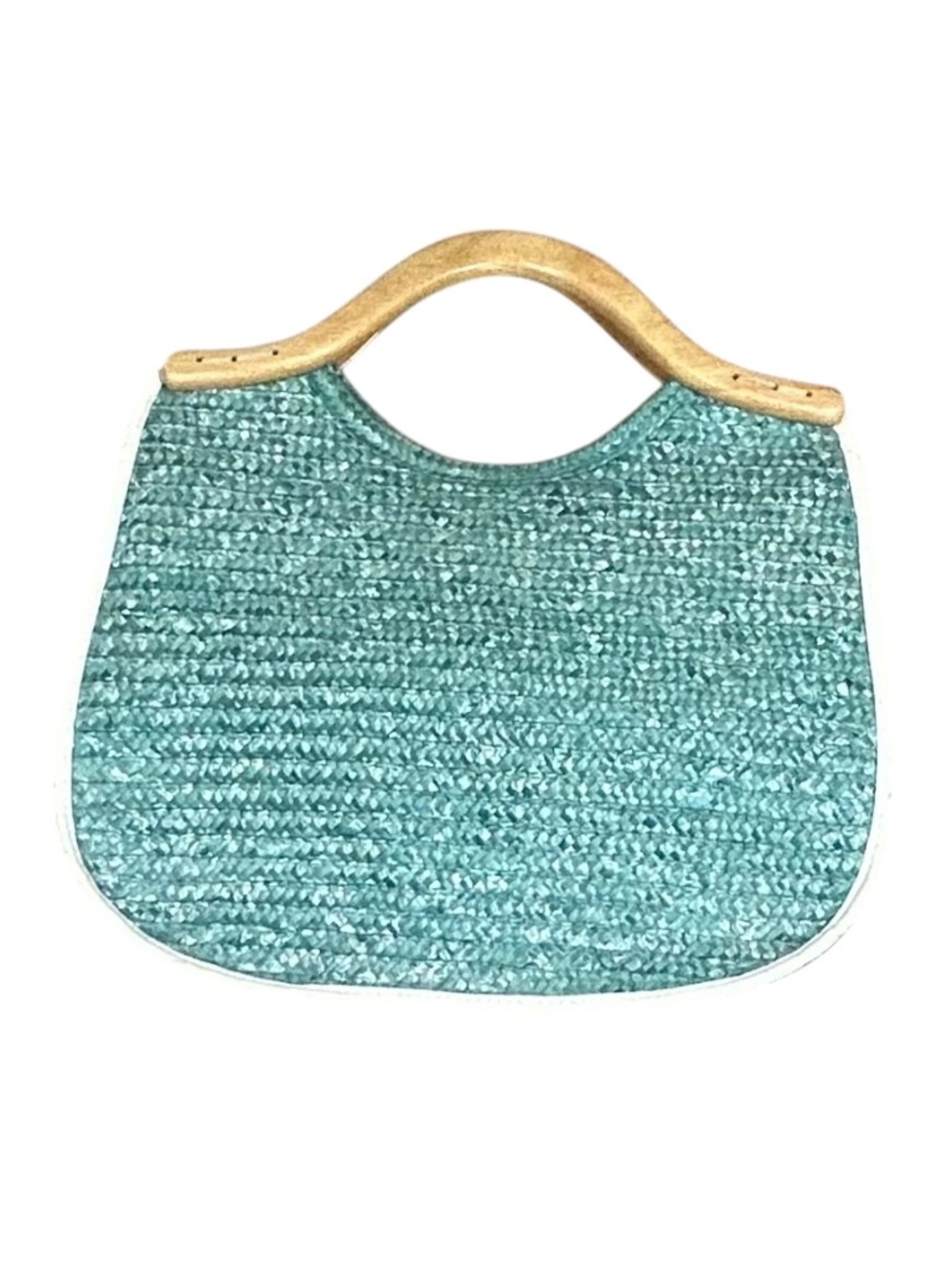 Coastal Grandma Woven Straw Bag Aqua Blue Wooden Handle Resort Beach Purse - Picture 4 of 6